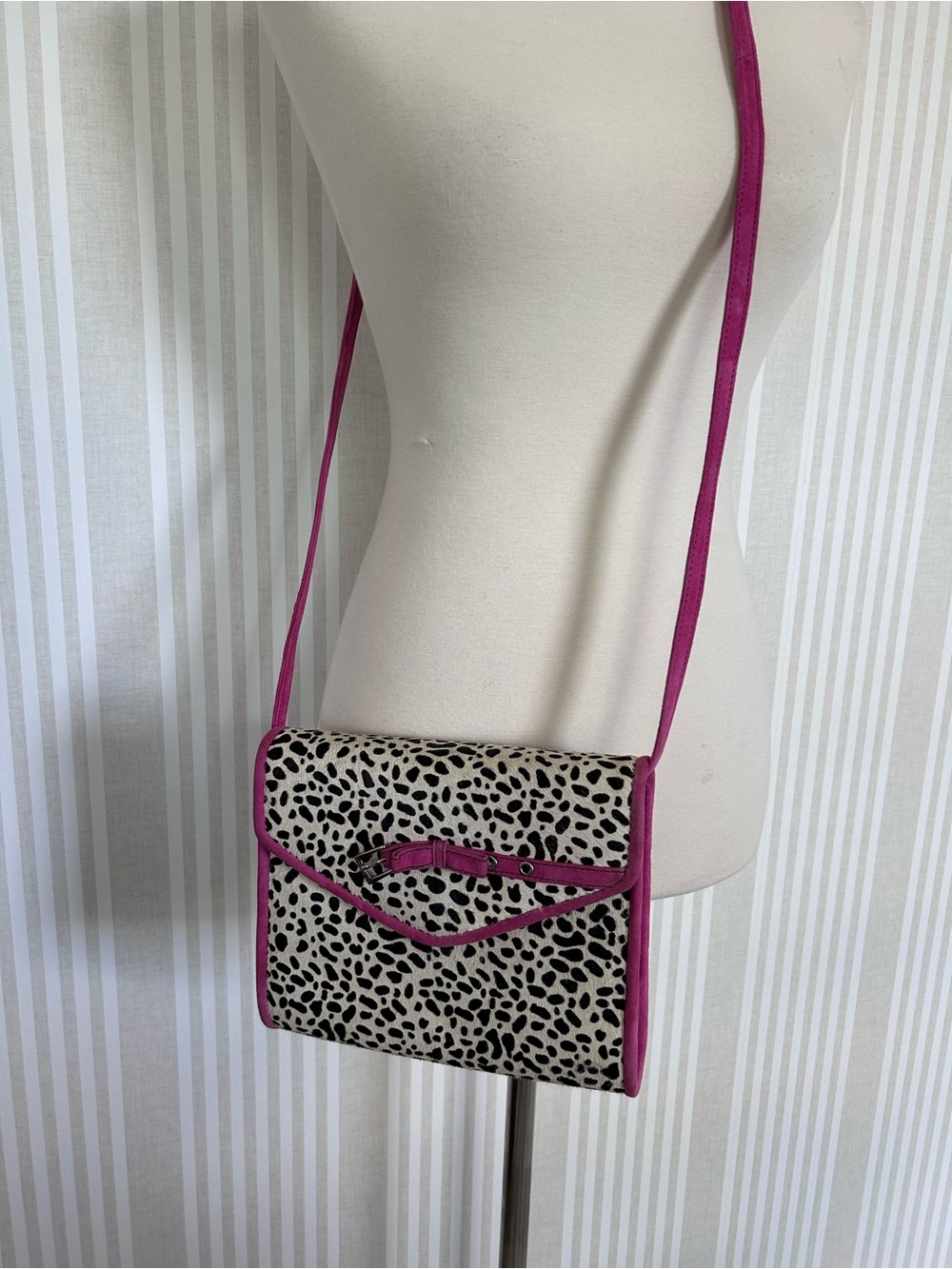 VINTAGE VAN ELi Pony Hair Spotted Pink Suede Crossbody Handbag Removable Strap - Picture 11 of 15